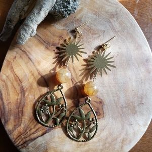 Citrine Quartz + Brass Celestial Sun & Flower Handmade Healing Dangling Earrings